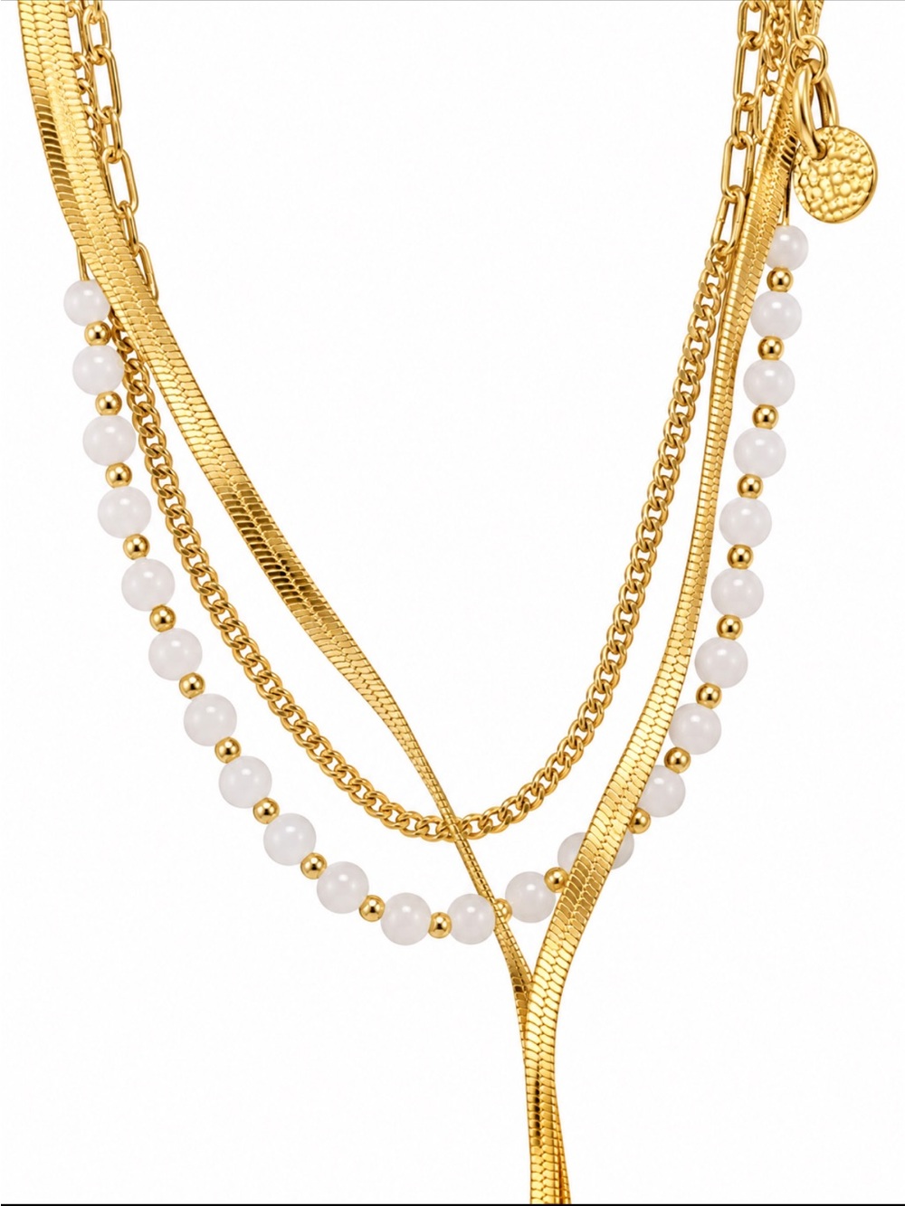 Gold Beaded Layered Lariat Necklace White Beads, Gold Chain and Gold Herringbone - Picture 3 of 6